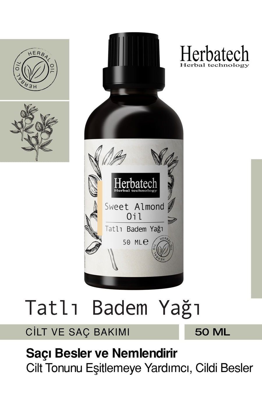 Doğal Tatlı Badem Yağı - Hızlı Saç Uzatıcı, Kaş Ve Kirpik Bakım Yağı 50 ml