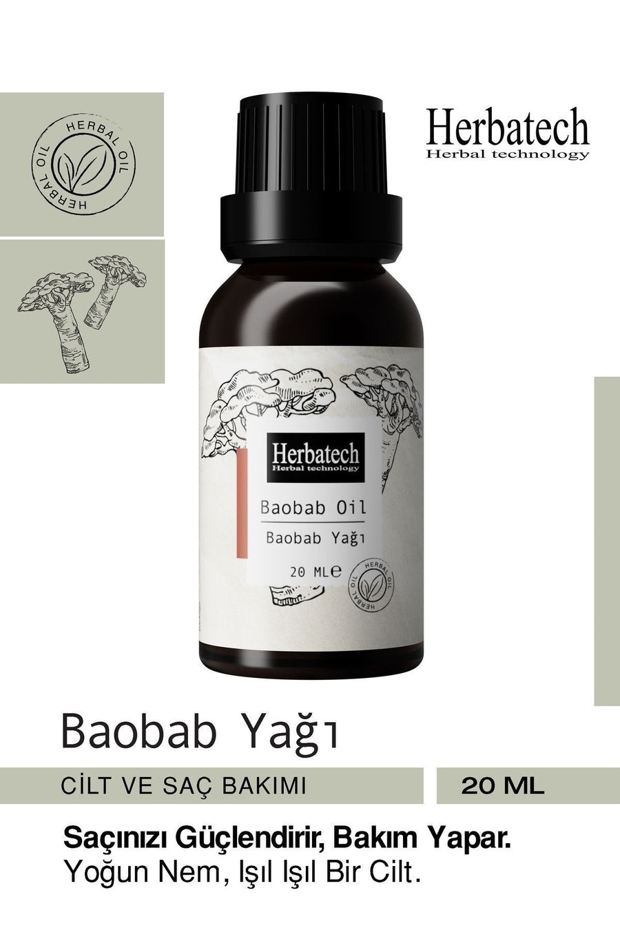 Doğal Baobab Yağı - Saç Cilt İçin Yoğun Onarıcı ve Nemlendirici Bakım Yağı 20 ml
