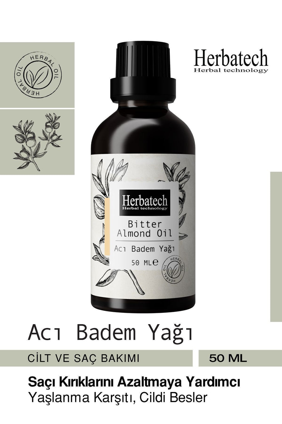 Doğal Acı Badem Yağı - Leke Karşıtı Ve Çatlak Önleyici Cilt Bakım Yağı 50 ml